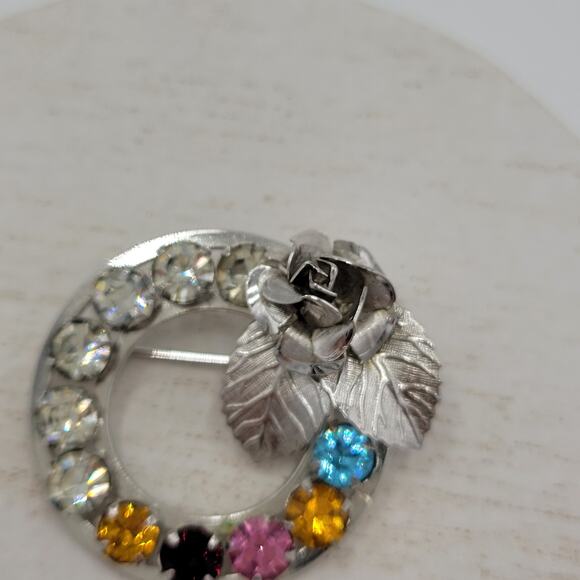 Sterling Silver Multi Color Rhinestone Wreath Brooch Pin Set Mother’s Day Gift - Picture 4 of 12